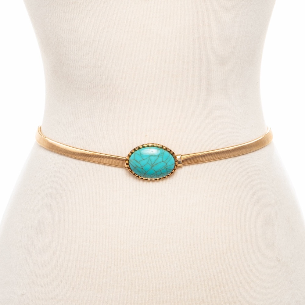 Gold Metal Waist Belt with Turquoise Stone Center